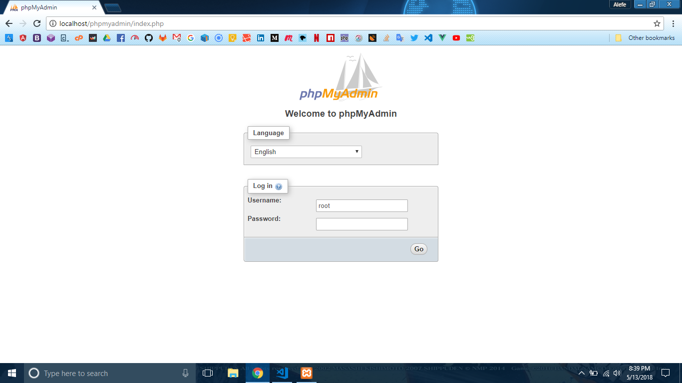 Tela de login do phpMyAdmin