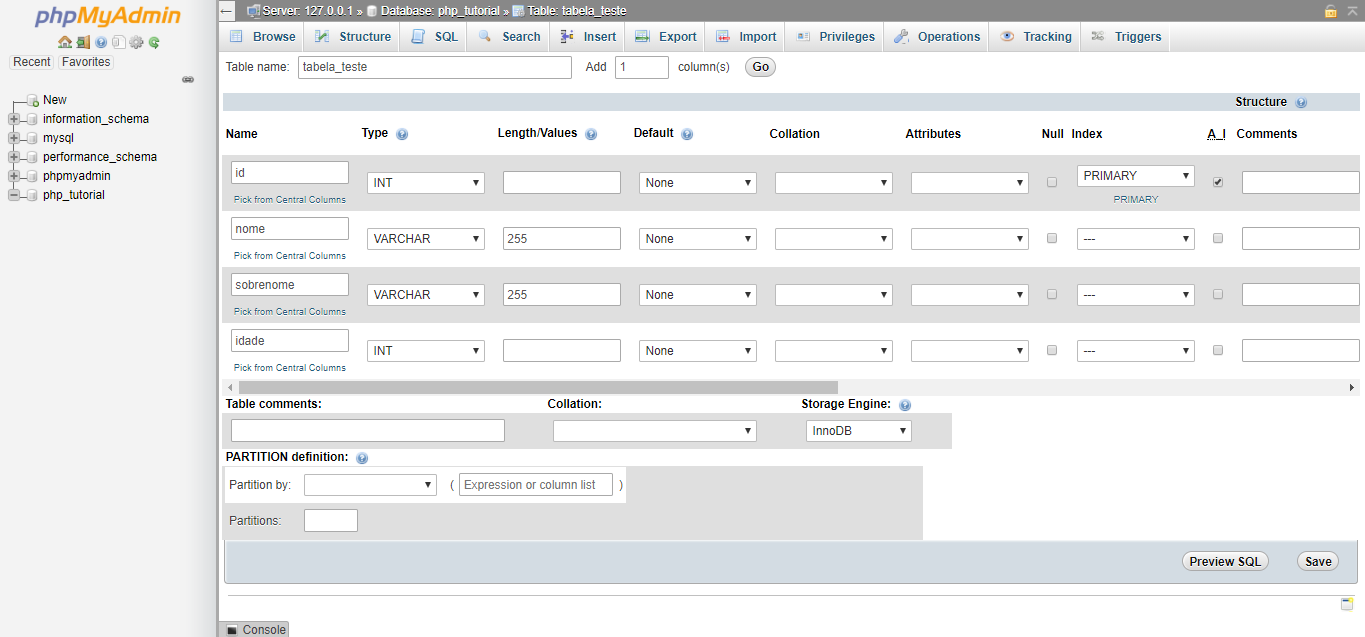 Tela de preenchimentos da estrutura da tabela do phpMyAdmin