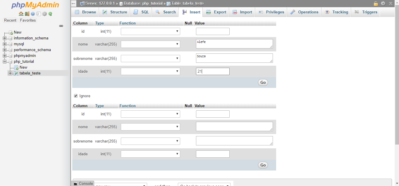 Tela de inserção de dados do phpMyAdmin