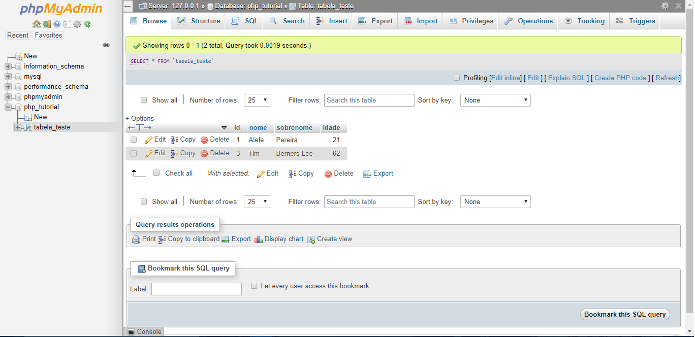 phpMyAdmin com o novo resultado