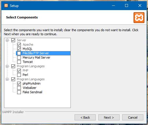 Tela de seleção de componentes do XAMPP