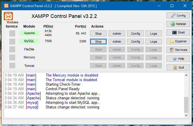 Painel do XAMPP iniciado