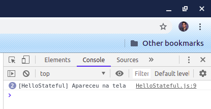 DevTools exibindo mensagem de "[HelloStateful] Apareceu na tela"